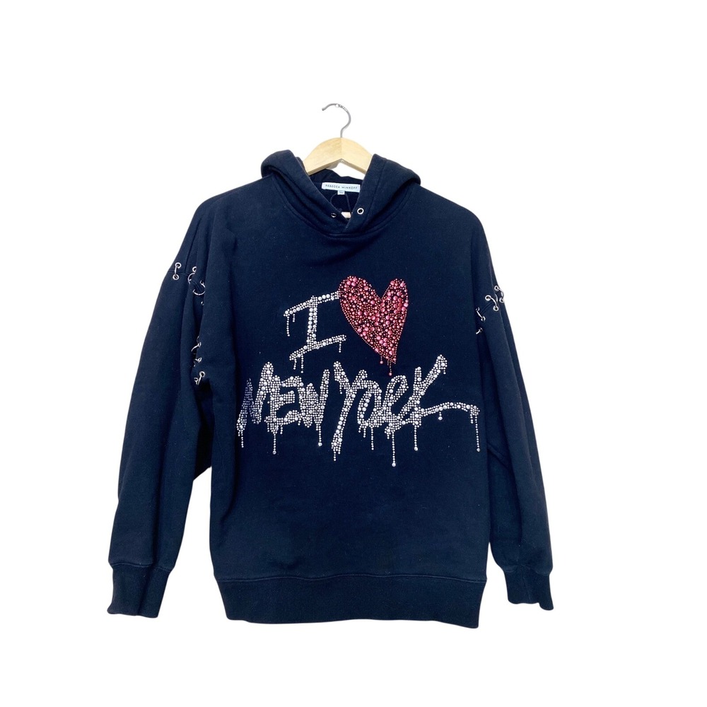 Rebecca Minkoff I Heart New York Rhinestone Ring Detail Hoodie Black Womens S